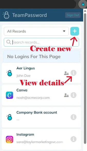 The TeamPassword browser extension home dashboard displaying a searchable list of saved passwords and highlighting plus icon and view details.