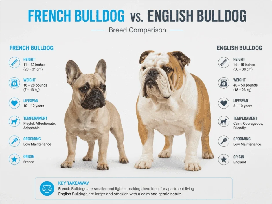 French Bulldog vs English Bulldog breed comparison chart showing height weight lifespan temperament and grooming
