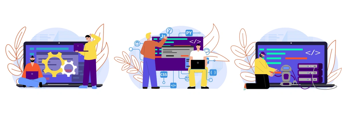 Three scenes of people working with web development and programming elements, surrounded by gear and code symbols.