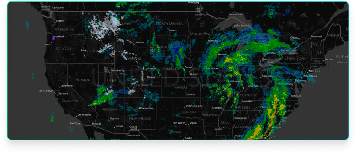 Screenshot of weather patterns over the United States of America