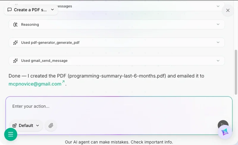 The MCPTotal chat shows the done message indicating the completion of a prompt to send a PDF summarizing a Slack channel to an email address.