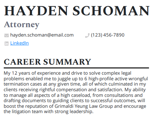 A resume summary for an attorney with 12 years of experience