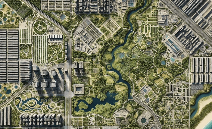 Aerial view of diverse land covers including urban and natural habitats.