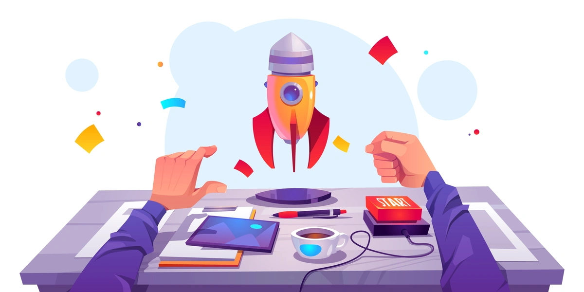 A colorful and stylized depiction of a workspace where a rocket model is being launched from a platform, suggesting a concept of startup launch, innovation, or creative thinking. The desk is cluttered with various items such as a coffee cup, a tablet, books, and a button labeled "START," indicating a dynamic and creative working environment.