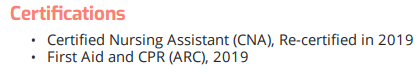 CNA resume certifications