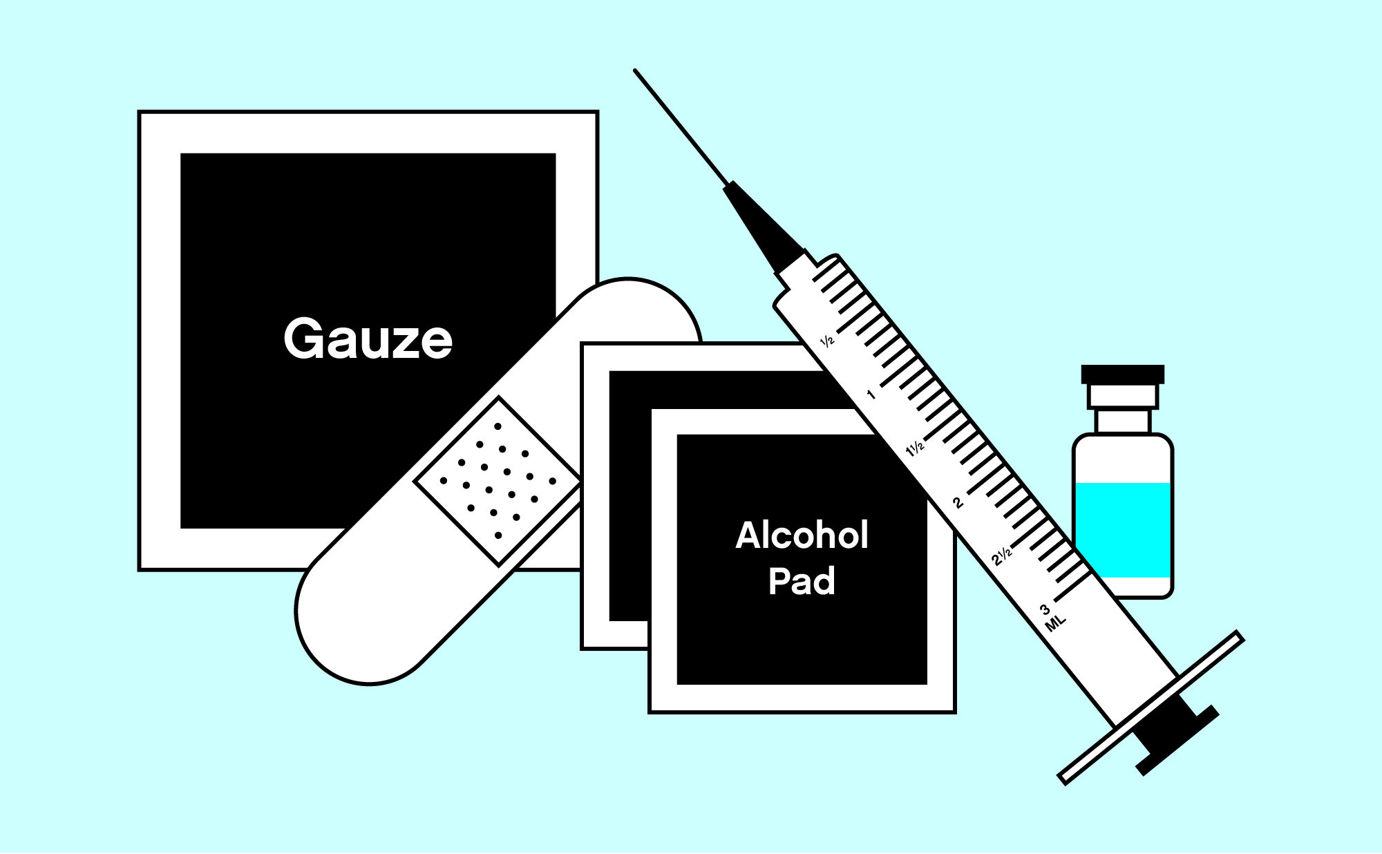 Icons of gauze, a bandaid, an alcohol pad, a syringe, and a vial of hormones.