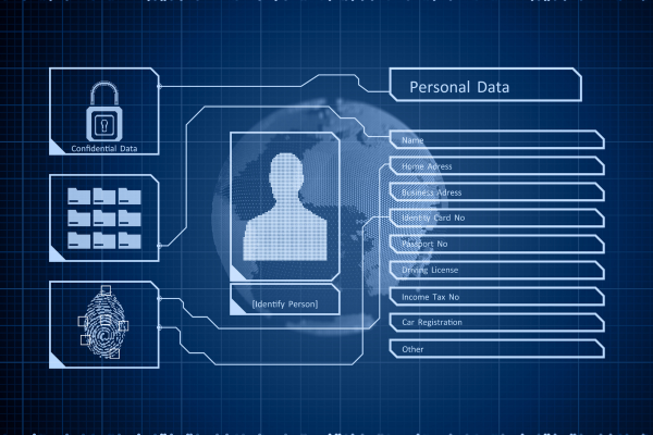 White images including a lock with "confidential data" written beneath it, folders, a finger print scan, profile of a person, and fields with personal data is in front of a blue grid background with a faint globe