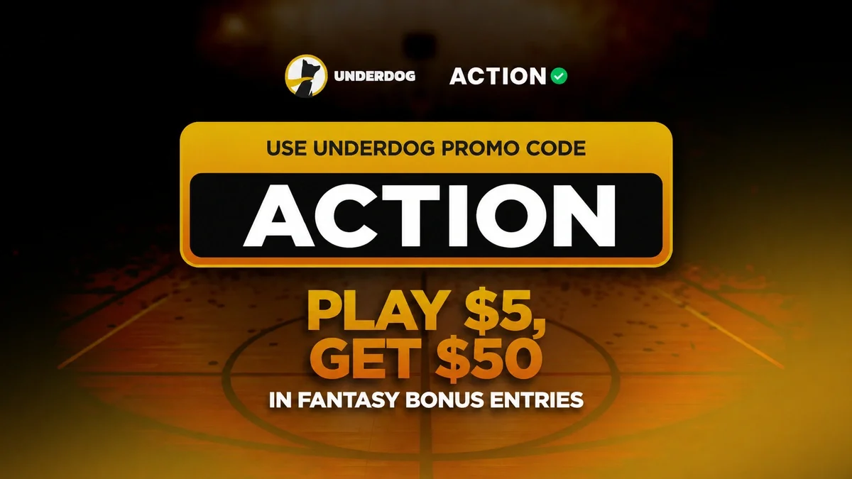 Underdog Fantasy promotional graphic featuring the promo code "ACTION" in large white text on a black banner with gold trim. The offer reads "Play $5, Get $50 in Fantasy Bonus Entries" over a basketball court background with black and gold lighting effects. Underdog and Action logos appear at the top of the image.