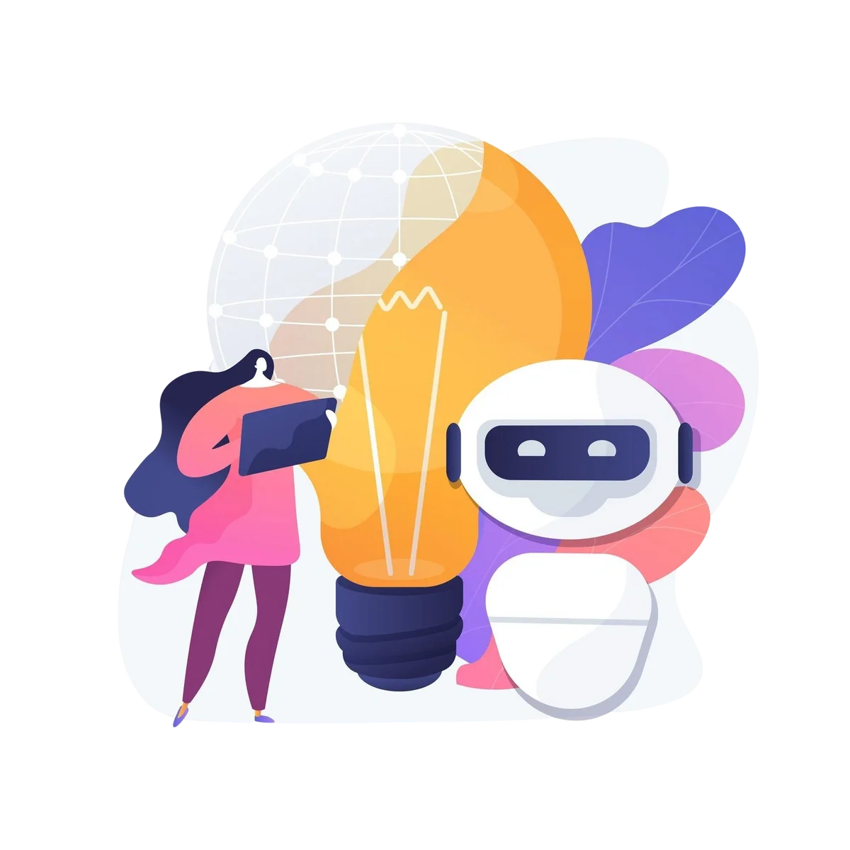 Woman collaborating with AI robot and large light bulb symbolizing innovation and artificial intelligence.