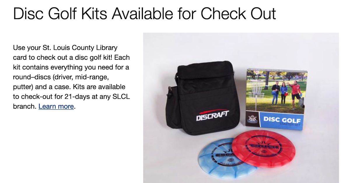 Image showing a basic disc golf starter set and information about checking it out of the library