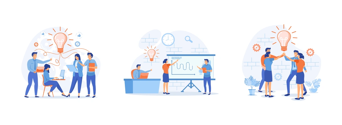 A group of people brainstorming around a desk with creative and analytical graphics in the background, depicting a collaborative work environment.