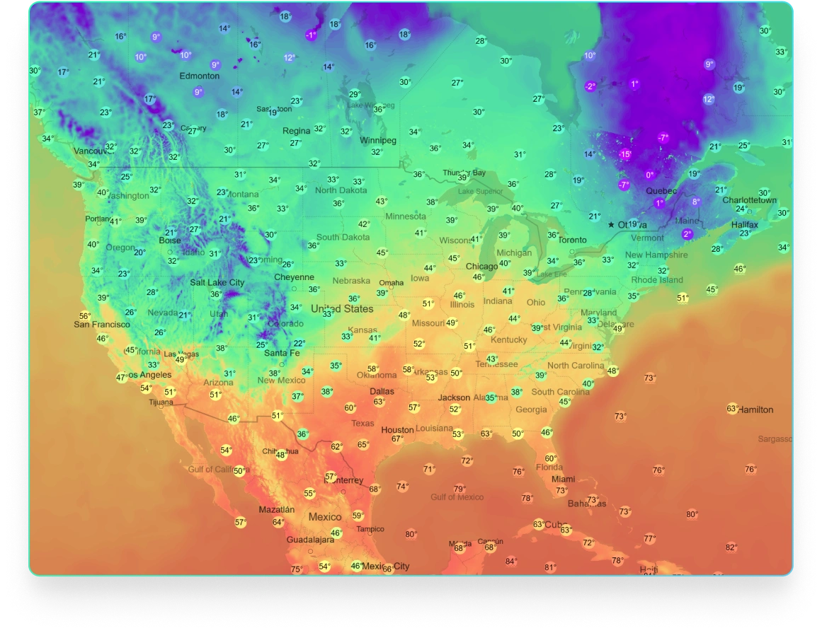 Screenshot of application showing temperature data over a map of North America