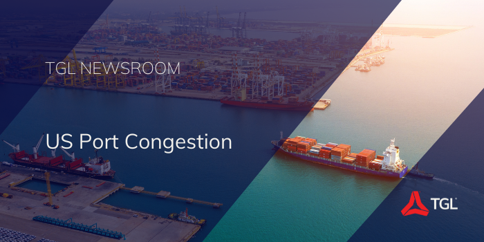 US Port Congestion Title Image Sea Freight Anchored Ship