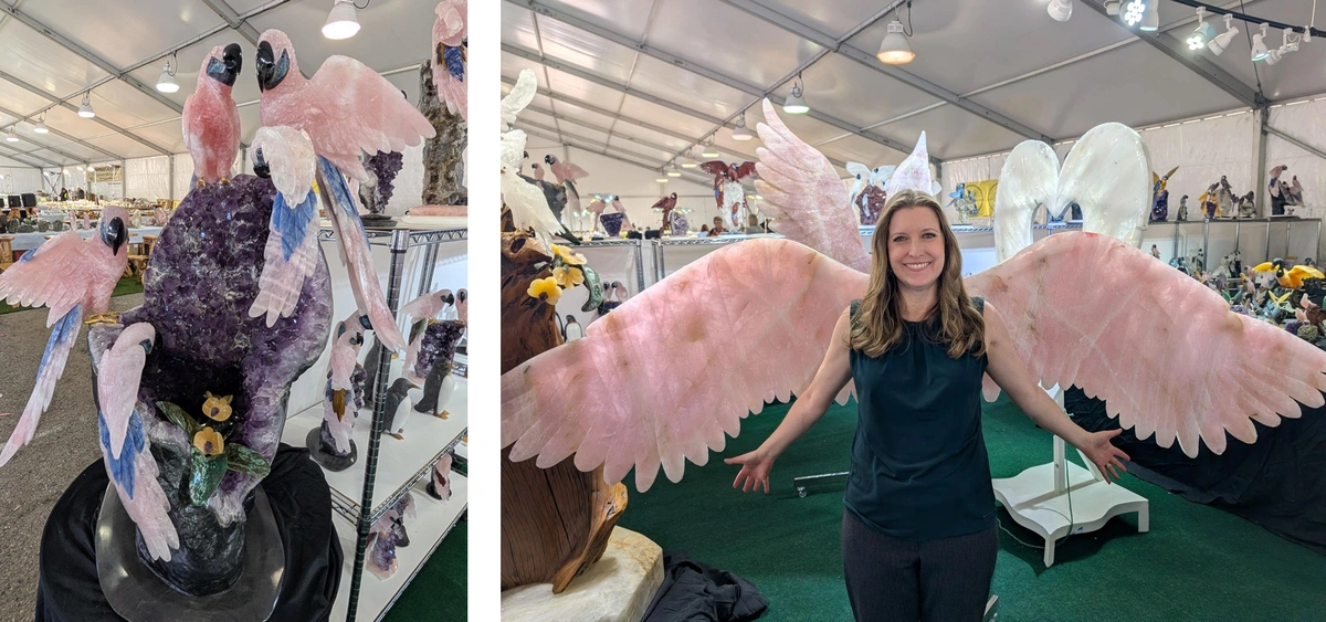 images of the 22nd street tucson gem show, Hilary Scott for Halstead in front of stone wings