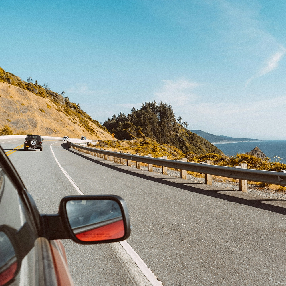 View out the car window of the Pacific Coast Highway