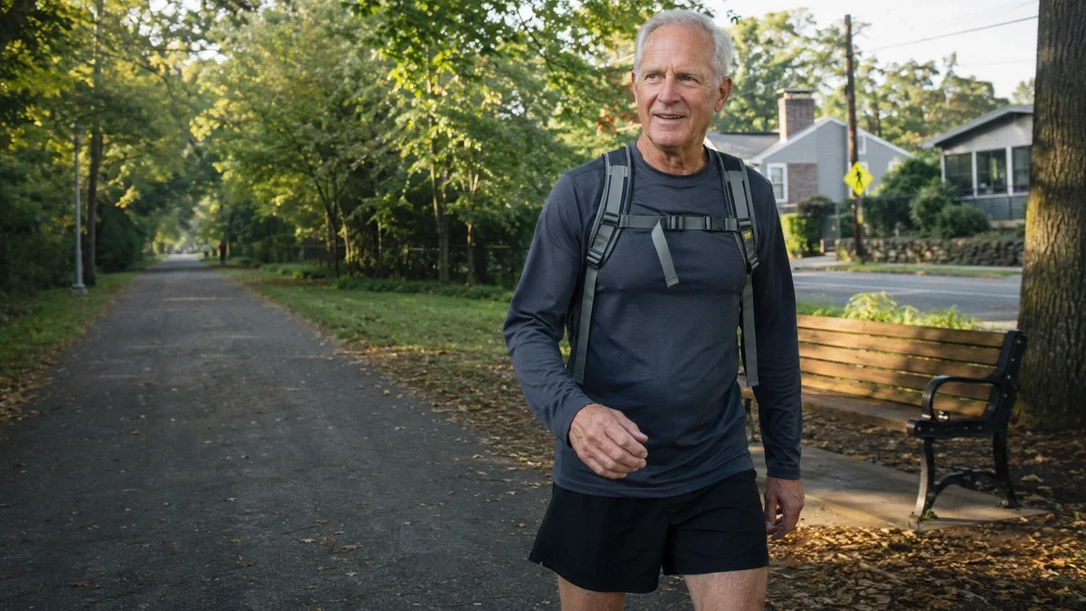 A fit senior male walking on trail outside