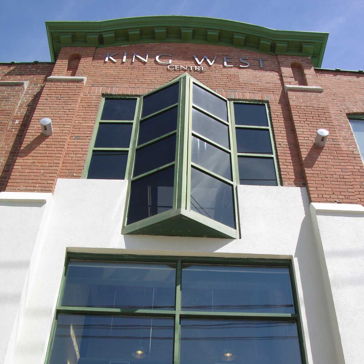 Ground up view of the King West Center in Liberty Village, Toronto. Head office of Strategic Coach