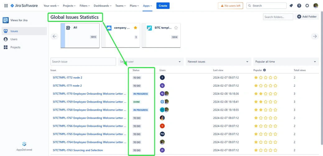  A screenshot of the Jira software dashboard highlighting the "Global Issues Statistics" section with various issues listed and their statuses, such as "TO DO" and "IN PROGRESS."