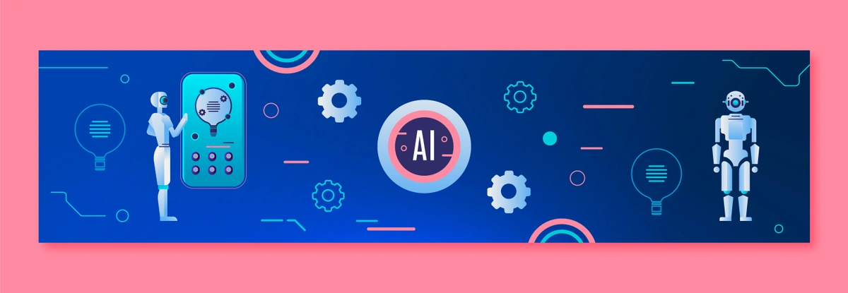 A banner featuring a humanoid robot and AI-themed icons, representing the futuristic technology of artificial intelligence.