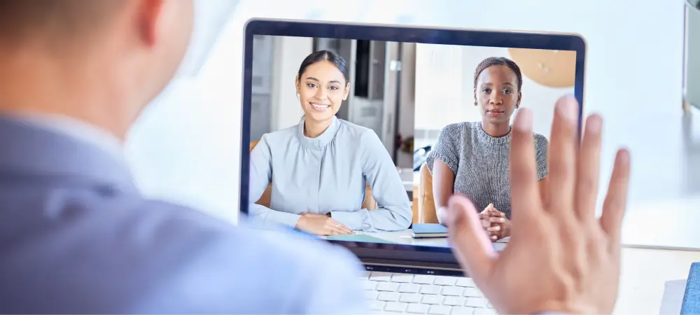 Company conducting remote job interview with international team members