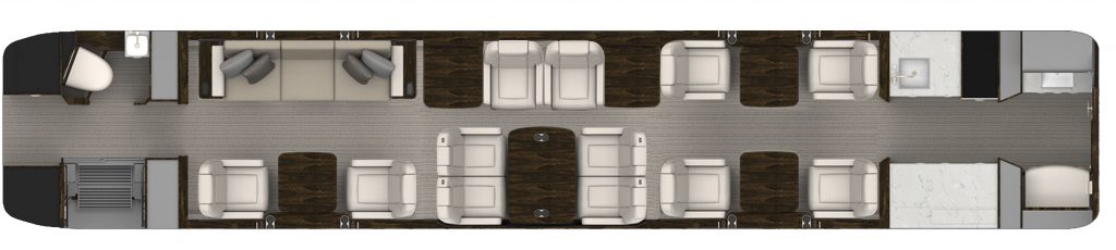 N268VT Cabin Layout. Four-place divan with 2 captain’s chairs, four-place conference table with a two-place kibitzer, and 4 captain’s chairs 