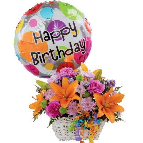 Happy birthday flowers for wife orange lily and birthday balloon bouquet