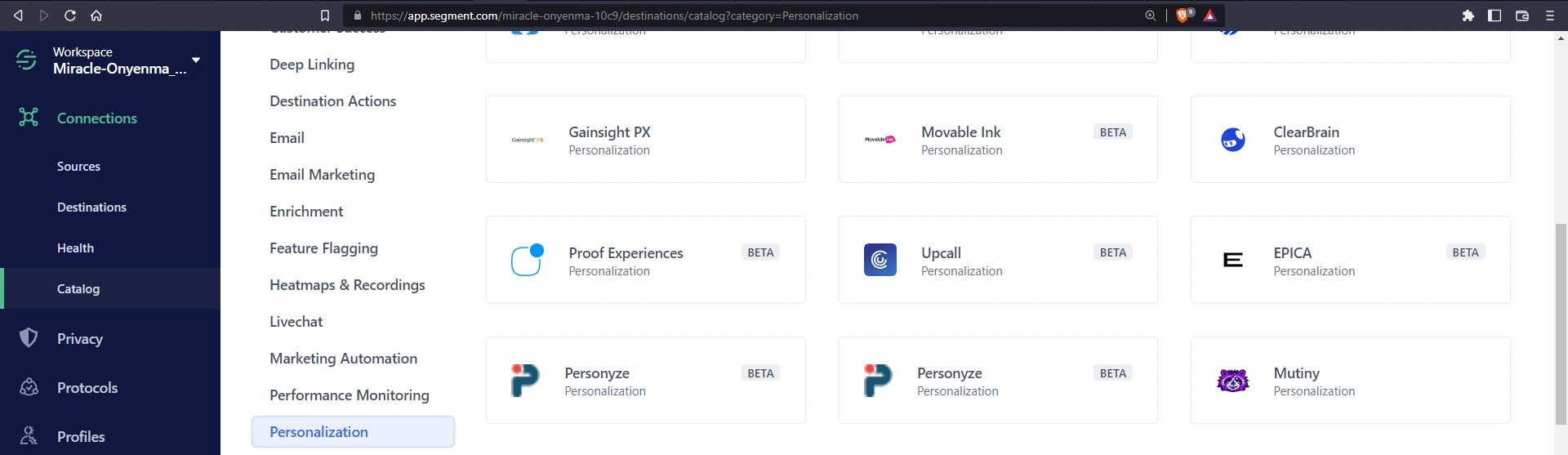 Select Personyze as a personalization destination in Segment
