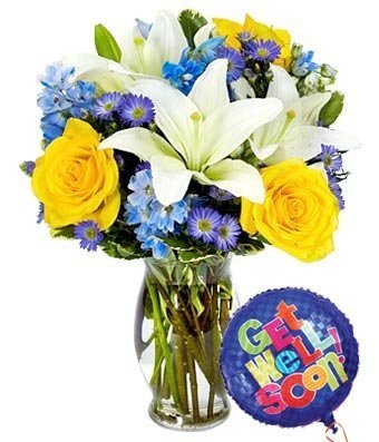 Blue and White Flowers with Get Well Balloon