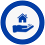 Blue circle icon with a house above an open hand in the centre