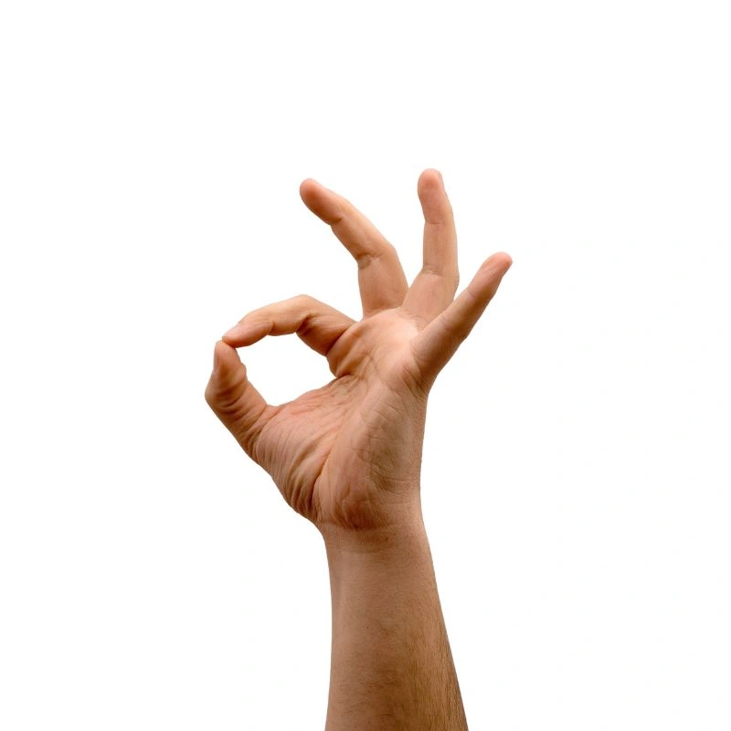 A hand doing the okay signal with thumb and index together and three other fingers pointing up