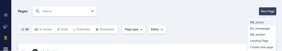 Click New Page button and select kb_article