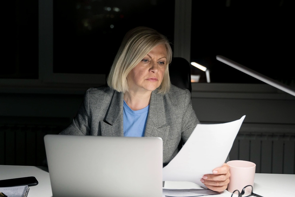 A woman with blonde hair, wearing a blazer, sits at a desk in a dimly lit room. She is focused on reading a document, with a laptop, mug, and desk lamp providing a work-oriented atmosphere.