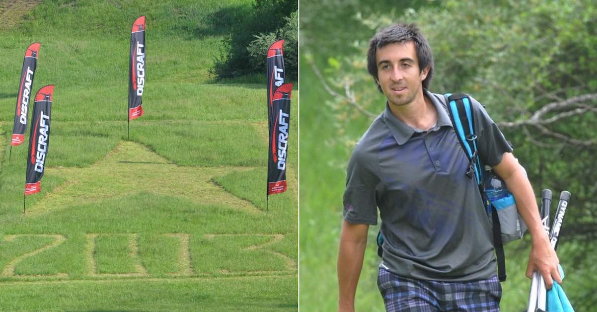 Two photos. One of grass cut into the shape of a star and the year 2013. Another of a shaggy-haired young man with disc golf equipment.