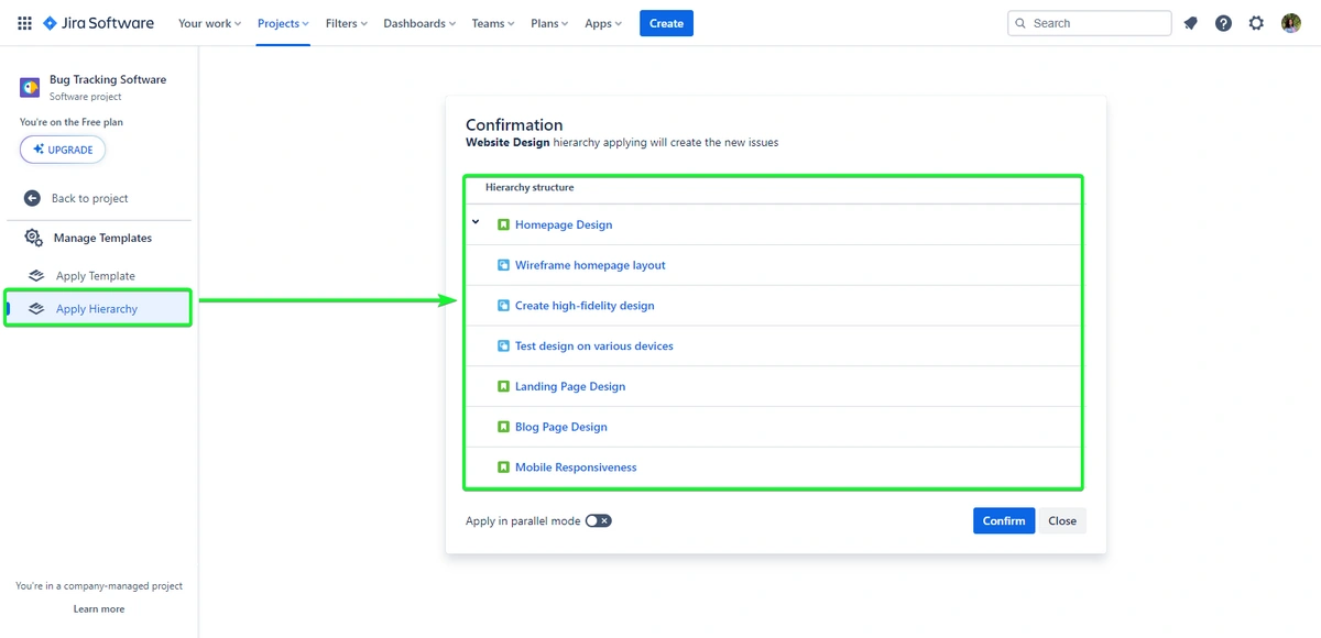 A screenshot of a project management tool interface, with a focus on a confirmation dialog for applying a website design hierarchy structure.