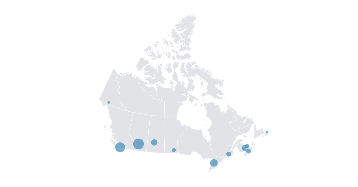 Blue dots on map indicating the most popular courses in each Canadian province and territory
