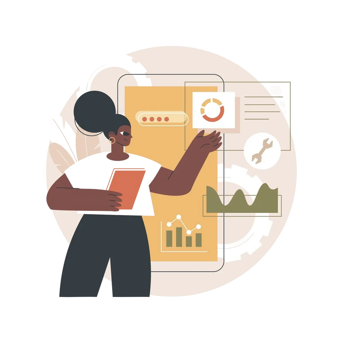 An illustration of a person presenting analytics dashboard on digital tablet, representing data visualization and productivity.