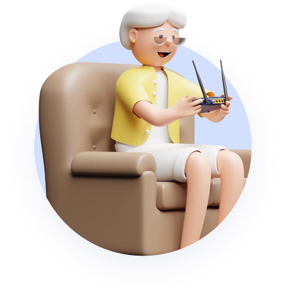 Illustration of an elderly woman looking down at a US Mobile homephone modem in joy