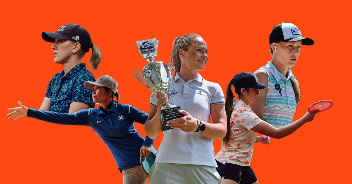 Five women pro disc golfers transposed onto an orange background