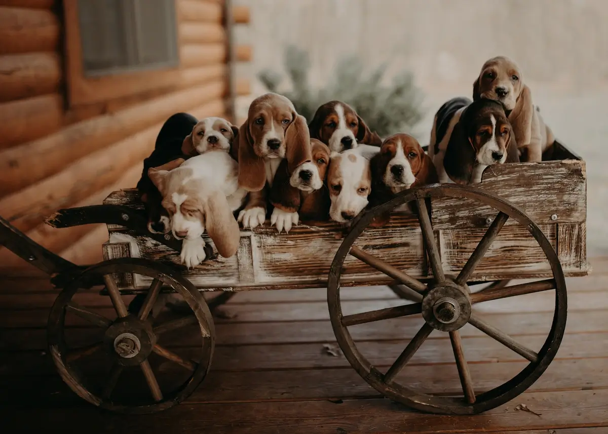 8 basset hound puppies sit in a wagon