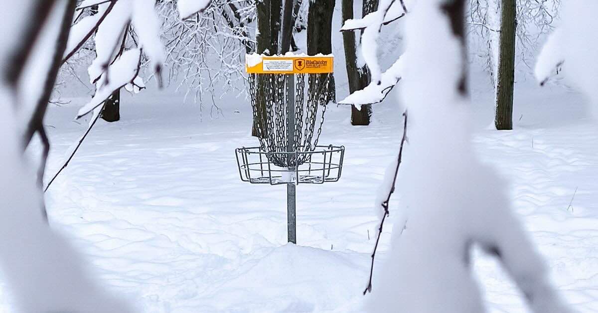 Disc golf basket in in a snow-covered areas with trees