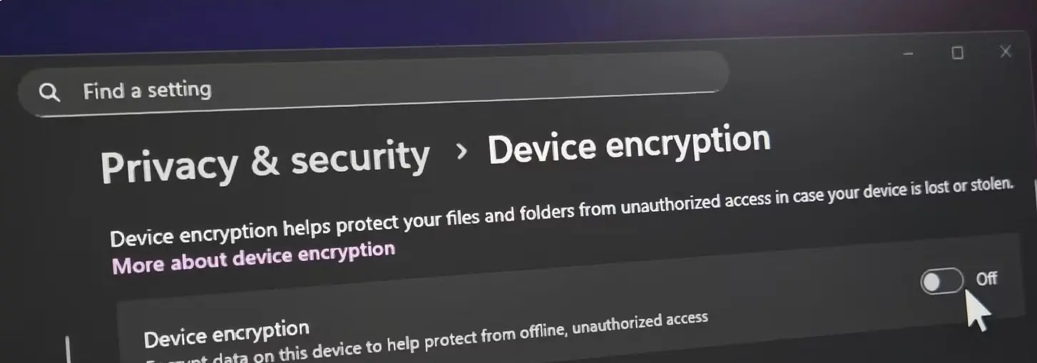 Secure device encryption settings used to protect financial data