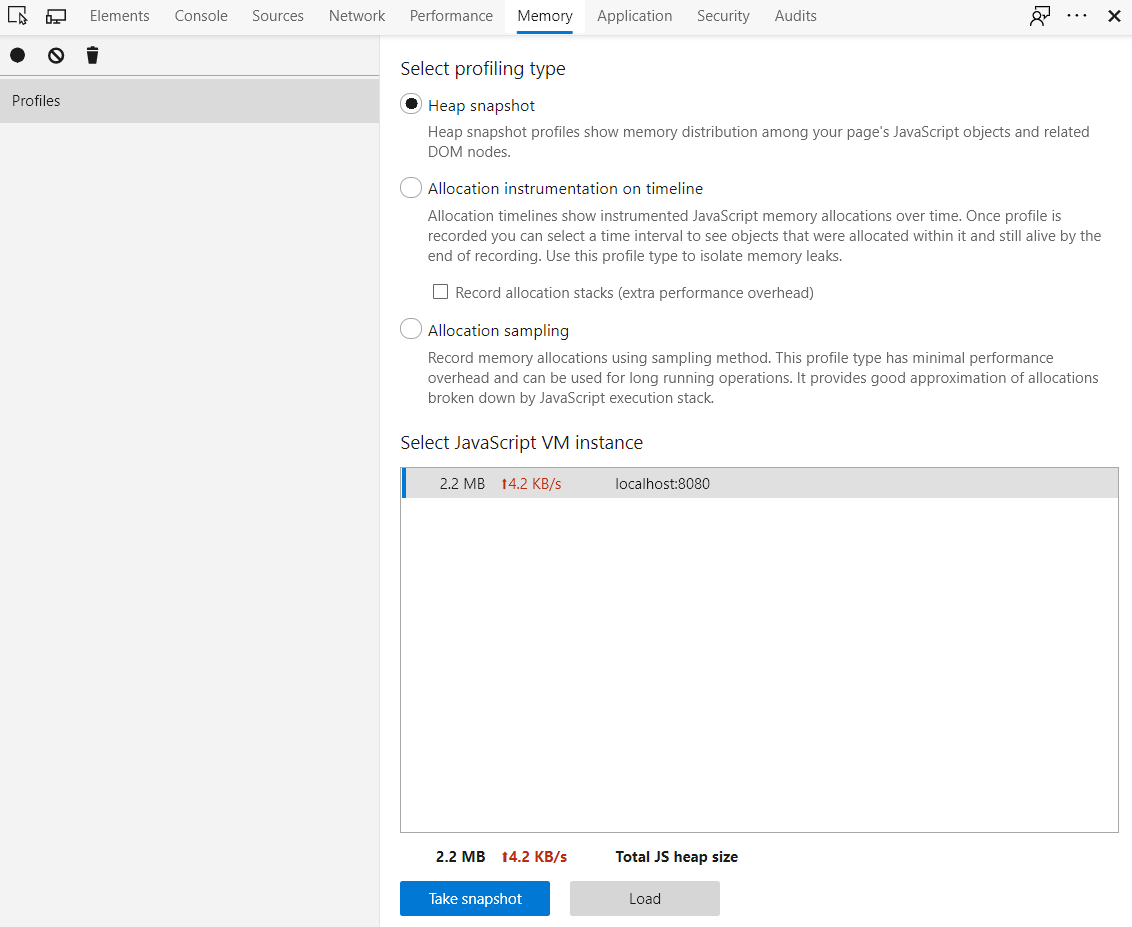 screenshot of chromuim dev tools memory profiler