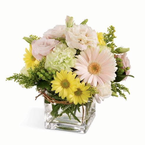 White gerbera daisy light green carnation and yellow daisy st Patricks Day bouquet