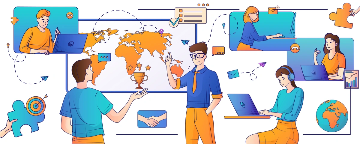 A vibrant illustration of remote work and collaboration, featuring individuals interacting with digital devices, linked by a central world map. Symbols like a trophy, puzzle piece, target, light bulb, and chat bubbles suggest achievement, problem-solving, goals, innovation, and communication.