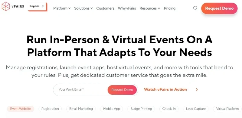 vFairs virtual and hybrid event platform homepage with registration features