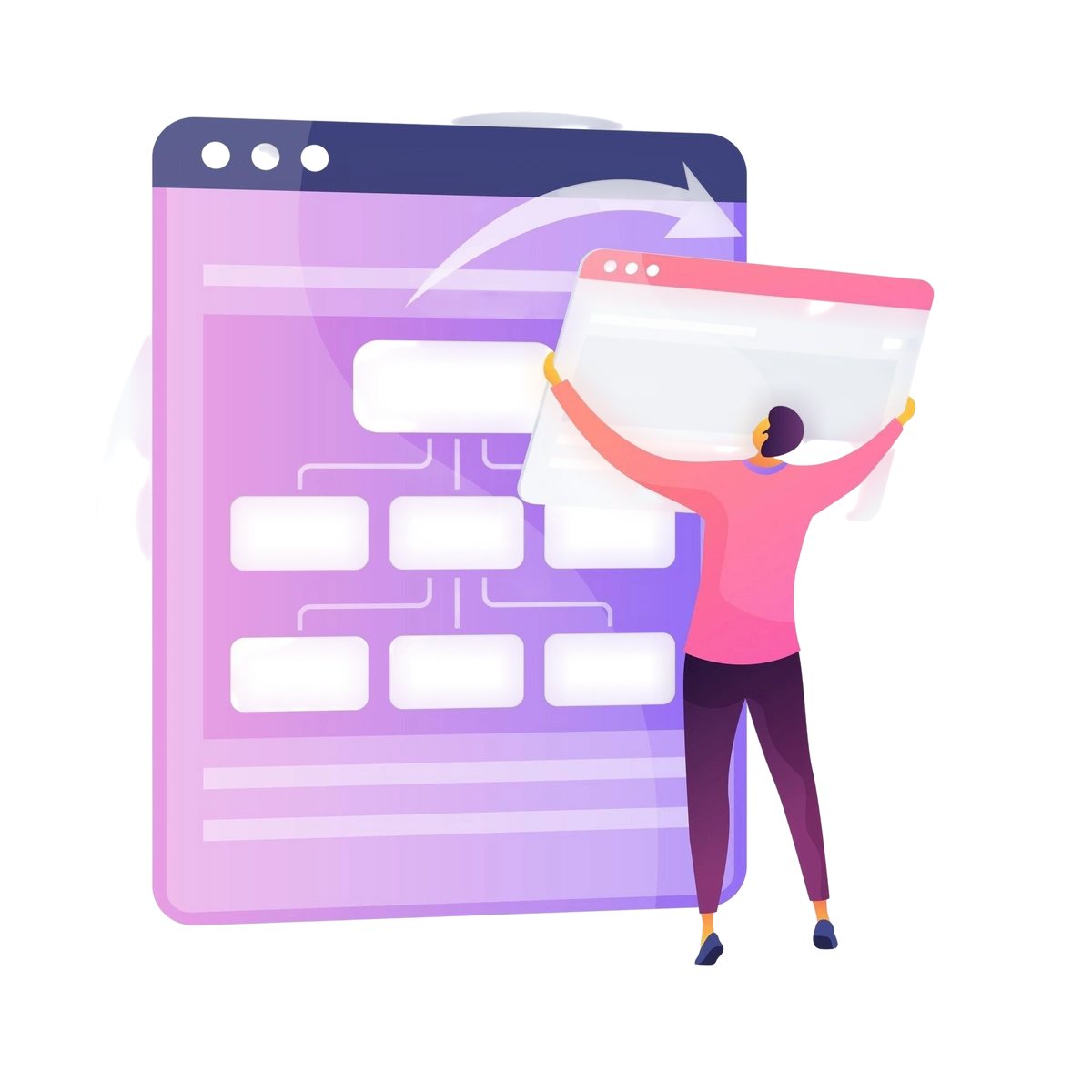 Person organizing a large user interface with connected workflow boxes