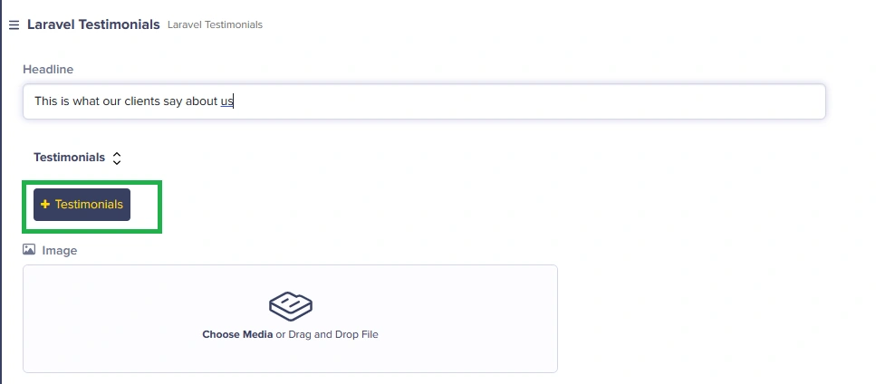 Enter the headline then select + Testimonials to add repeater items