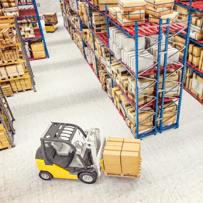 Forklift driving around aimlessly in a warehouse