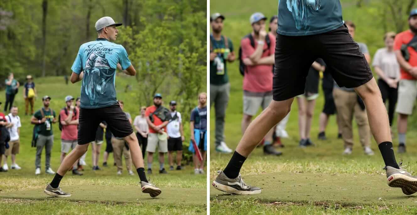 Two photos, one of a tall young man preparing to throw a disc golf drive and the other a close-up of his legs and shoes