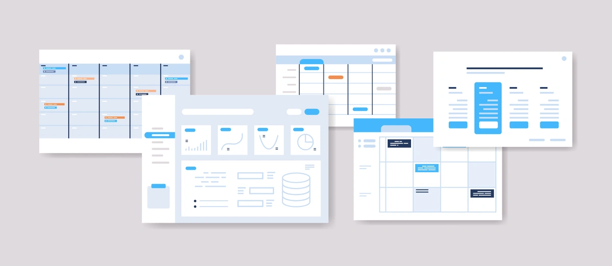 a minimalist representation of user interface (UI) design, showing various wireframe layouts. The layouts include placeholders for text, images, and other UI elements, all in a muted color scheme, suggesting the planning phase of digital design where structure and placement are key focuses.